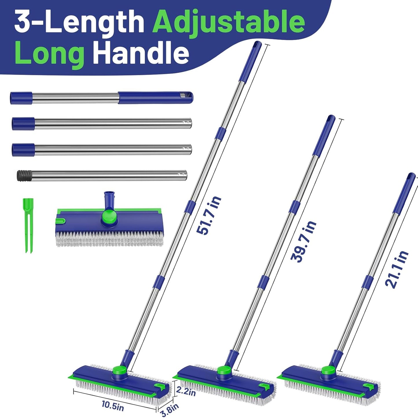 Floor Scrub Brush with Long Handle: 3 in 1 Heavy-Duty Floor Scrubber Brush with Squeegee for Cleaning Tile Bathroom Deck Kitchen Patio