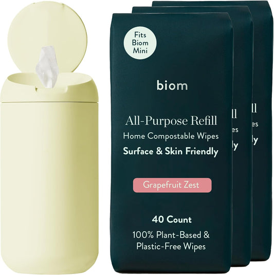 Biom Mini Dispenser + All-Purpose Wipes Starter Kit - Grapefruit Scented Cleaning Wipes | Fits in Car Cup Holder | Biodegradable Plant-Based Cleaner | Kid & Pet Friendly, Natural, Non-Toxic (Citrine)