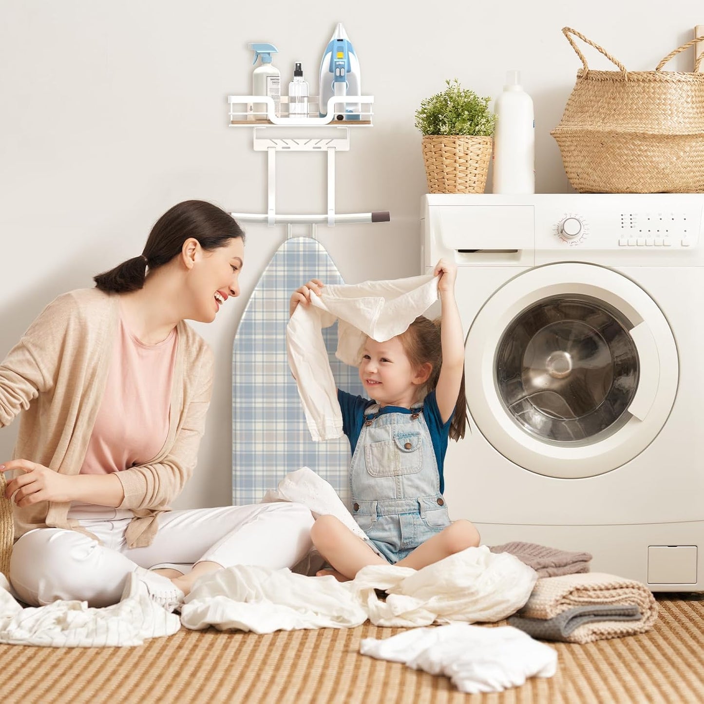 Ironing Board Holder Wall Mount, Laundry Room Organization Storage, White, T&V Shaped Space Saving Ironing Board Hanger for Laundry Room Decor and Accessories