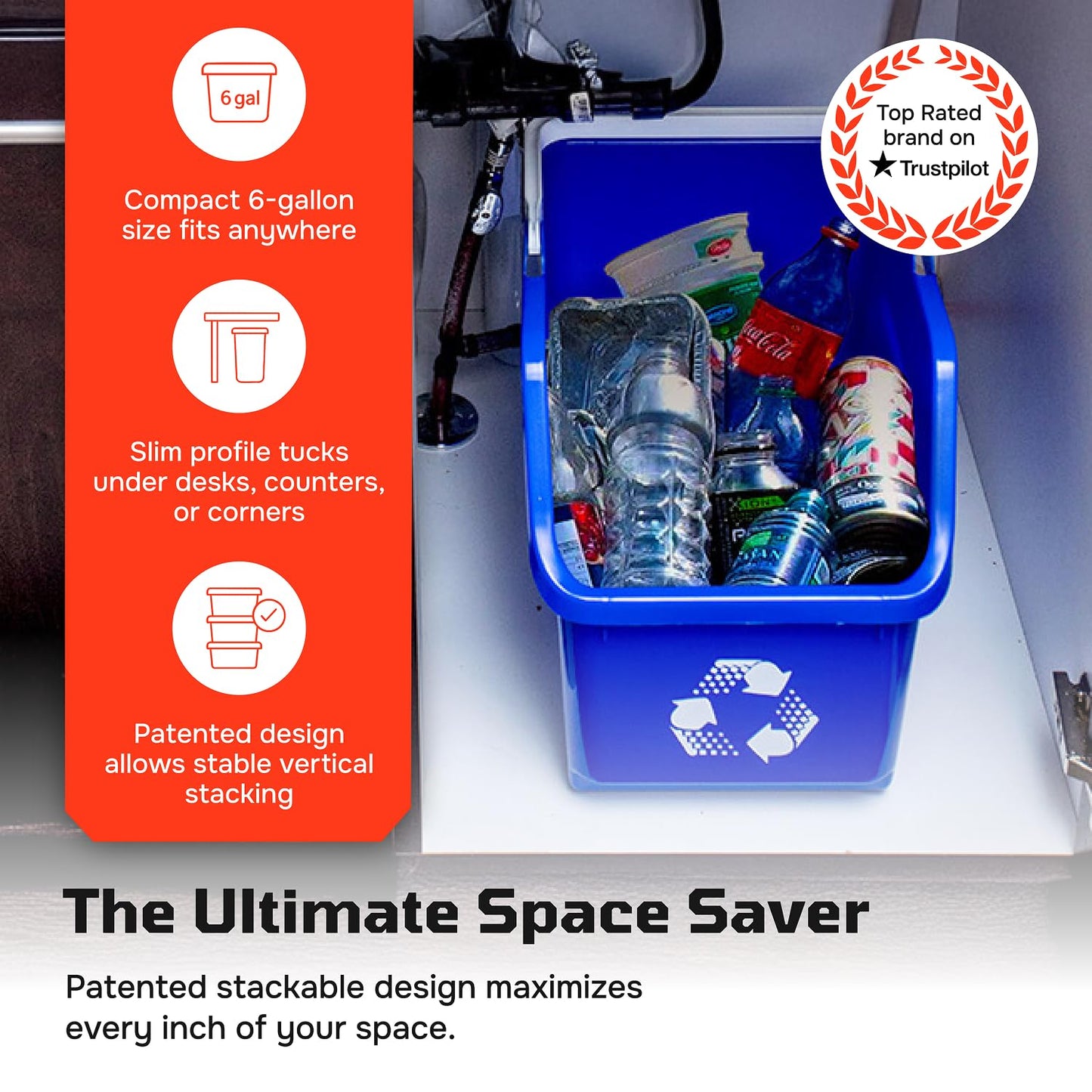 Multi Recycling Bin System with Three Stacking 6 Gallon Bins with Carrying Handles, Stackable and Compact for Offices, Homes, Garages, Businesses - (Grey, 6 Pack)