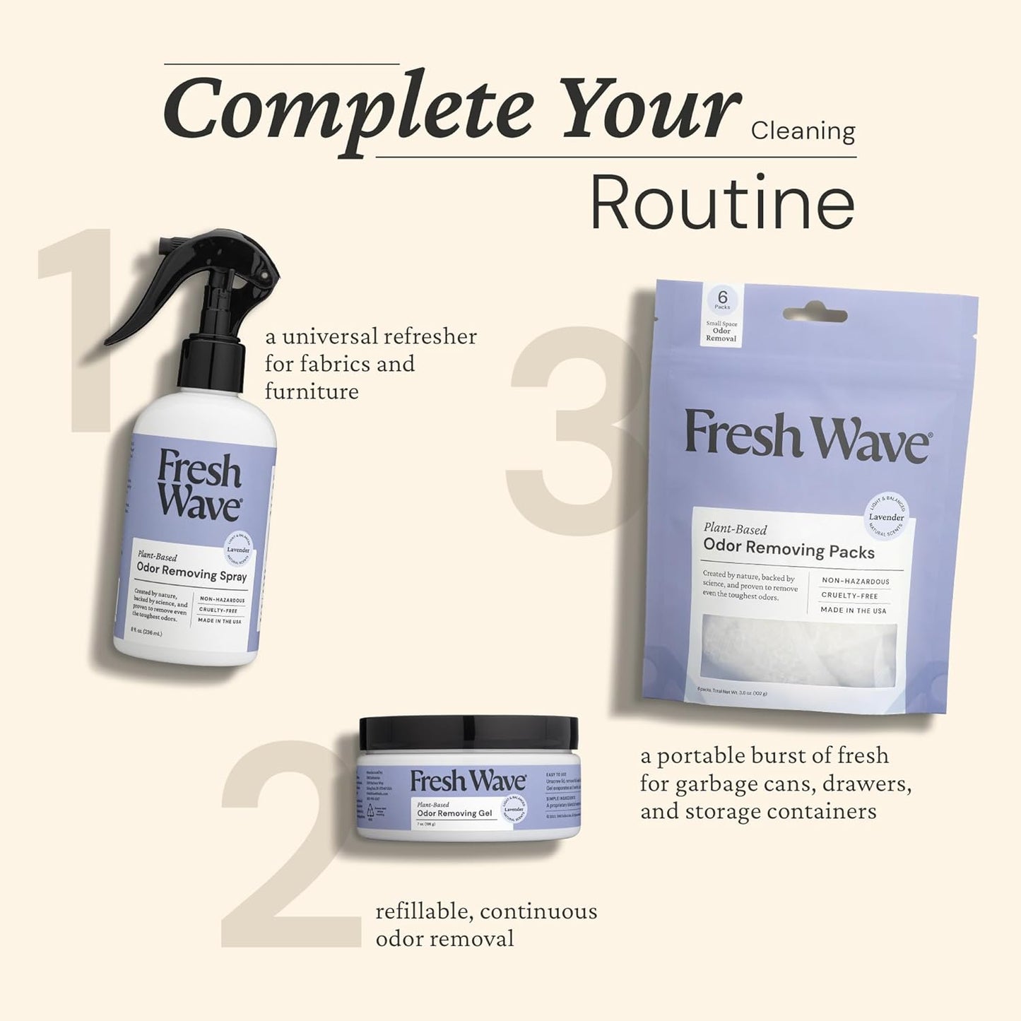 Fresh Wave Lavender Odor Removing Gel, 7 oz., Pack of 3 - Safer Odor Absorbers for Home, Natural Plant-Based Odor Eliminator, Every 7 oz. lasts 15-30 Days, For Cooking, Trash & Pets