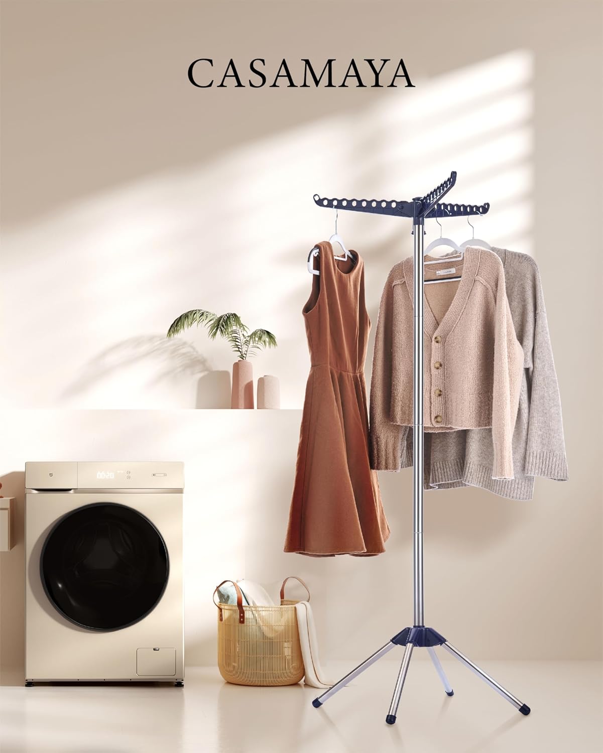 Clothes Drying Rack Foldable, 59 inch Tripod Laundry Drying Rack Indoor with Rotating Clothes Rail for 27 Pieces of Clothes, Space Saving, Blue and Silver CDR001Q01