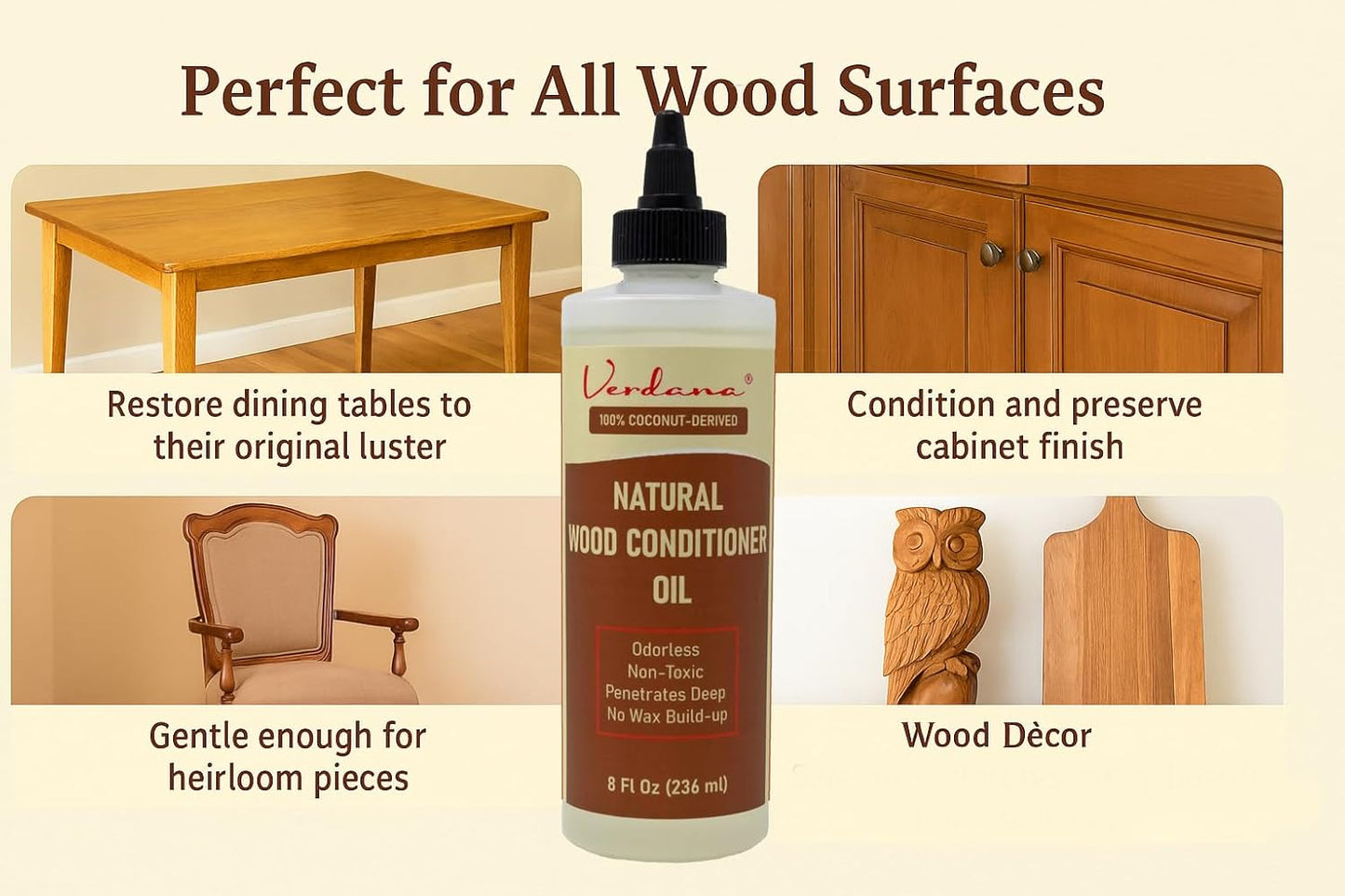 Verdana Natural Wood Conditioner Oil – 8 fl oz – Odorless, Non-Toxic Coconut Oil Polish for Furniture – No Wax Buildup - Nourishes, Restores & Rejuvenates Wood Furniture