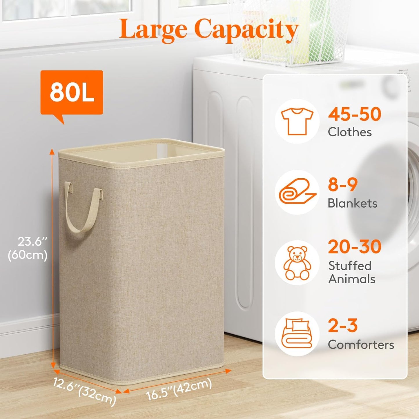 Lifewit 80L Large Tall Laundry Hamper, Collapsible Laundry Basket with Handles, Foldable Clothes Hampers for Laundry, Portable Dirty Clothes Hamper for Dorm College Bedroom Bathroom, Beige