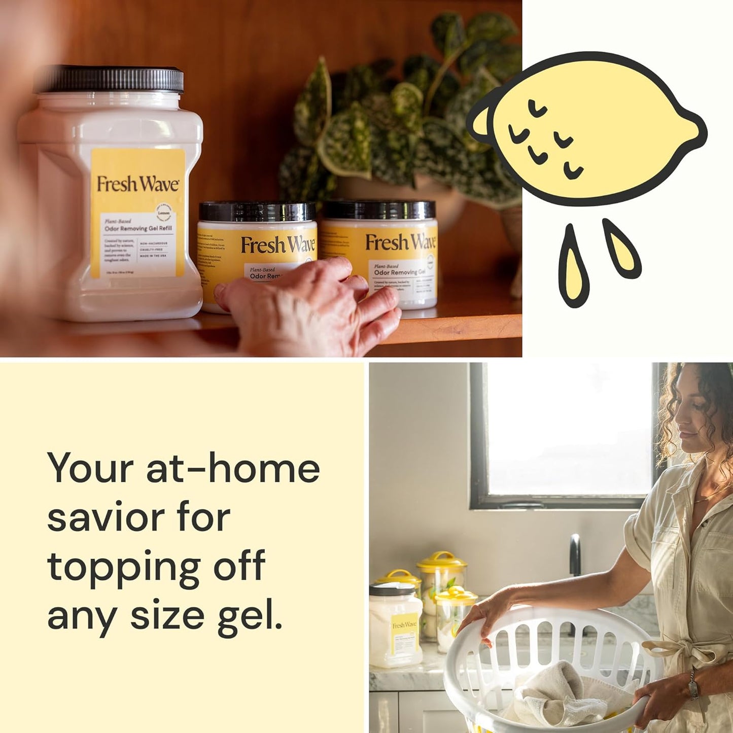 Fresh Wave Lemon Odor Removing Gel Refill, 63 oz. - Safer Odor Absorbers for Home, Natural Plant-Based Odor Eliminator, Every 15 oz. lasts 30-60 Days, For Cooking, Trash & Pets
