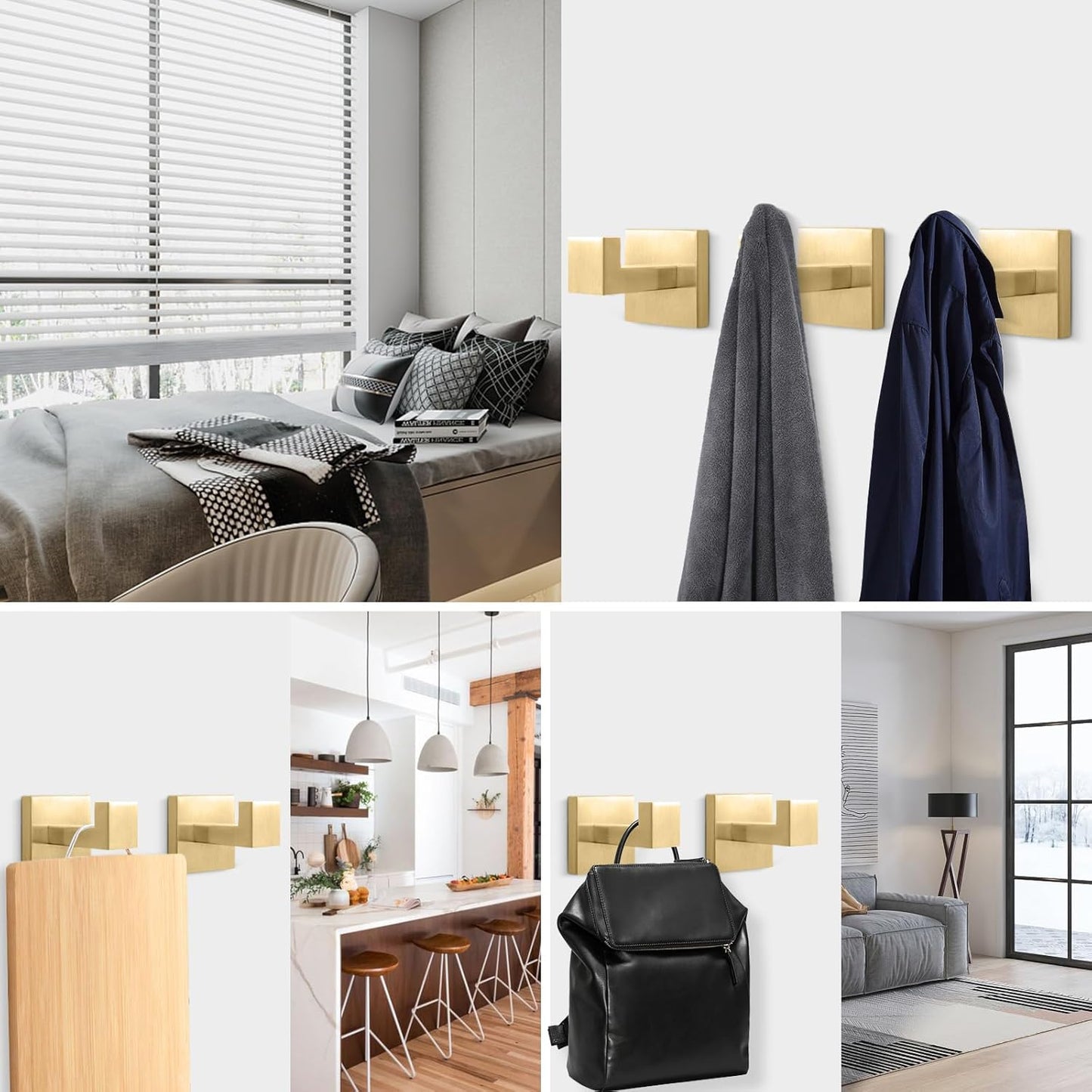 NearMoon Bath Towel Hooks -SUS304 Stainless Steel Square Clothes Robe Hooks Hanger, Heavy Duty Coat Hooks for Bathroom Livingroom Hotel Kitchen Garage, Wall Mounted (3 Pack, Chrome Gold)