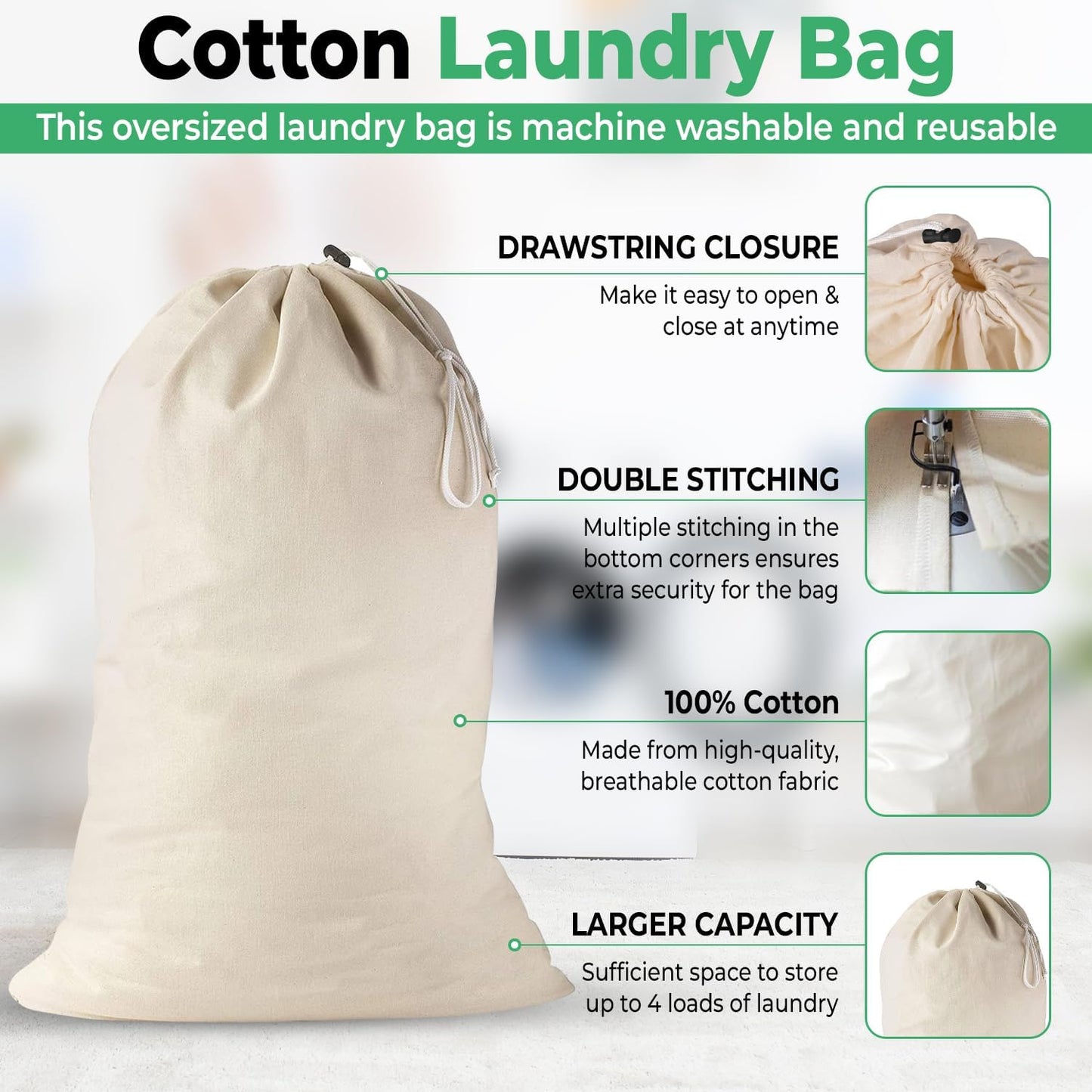 Large Cotton Laundry Bag, Heavy Duty Large Laundry Bags 24 x 36 inch Drawstring Travel Organizer Bag Fit Hamper Basket Camp (Beige, Pack of 1)