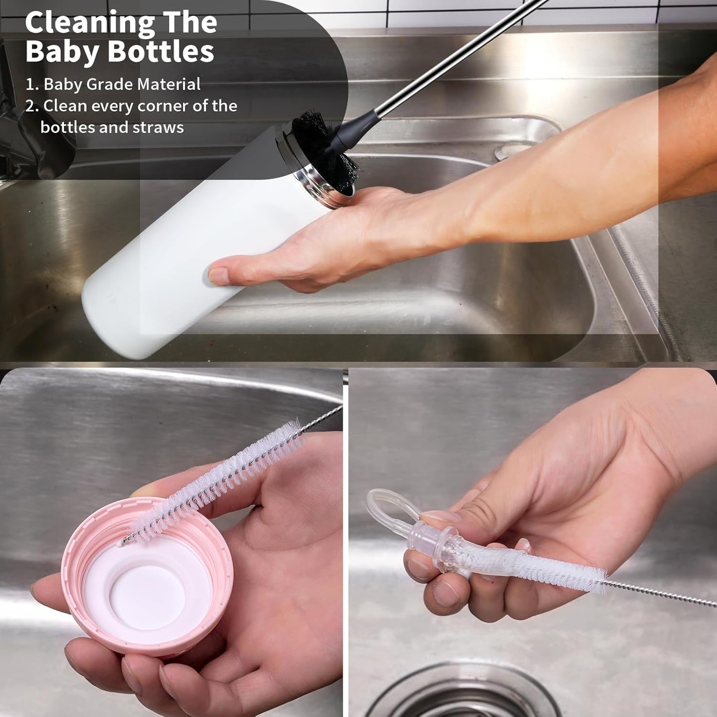 Water Bottle Brush with Straw Cleaner, 15 Inches Stainless Steel Handle Baby Bottle Brush Cleaner, Kitchen Scrub Cleaning Brushes for Cup, Wine Glasses, Coffee Mugs, Tumblers, Wine Decanters, Black