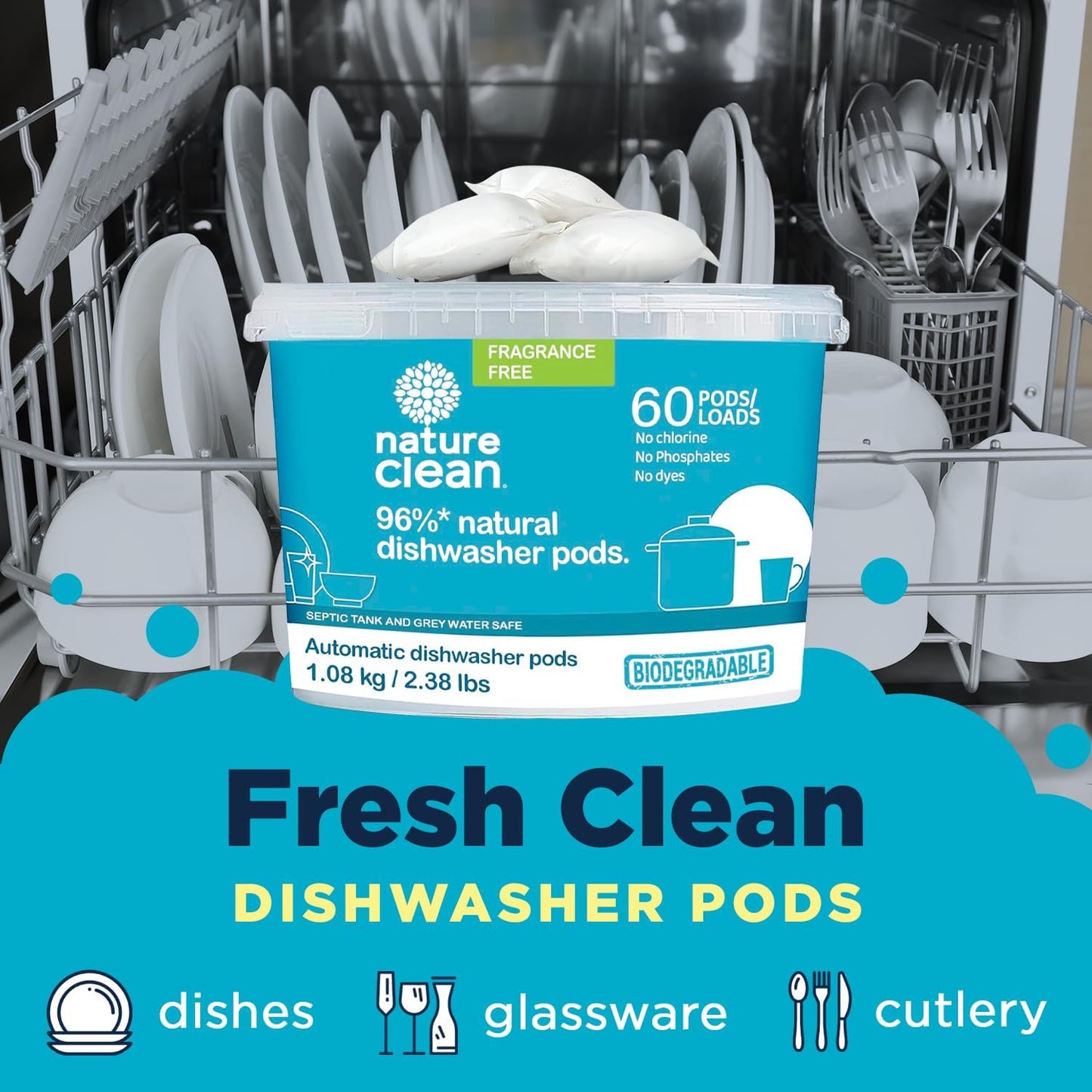 Nature Clean All Natural Dishwasher Pods, Plant-Based Non Toxic Dishwasher Detergent, Dishwashing Tough on Grease, Dish Pods for Dishwasher, 60 Count, Pack of 1