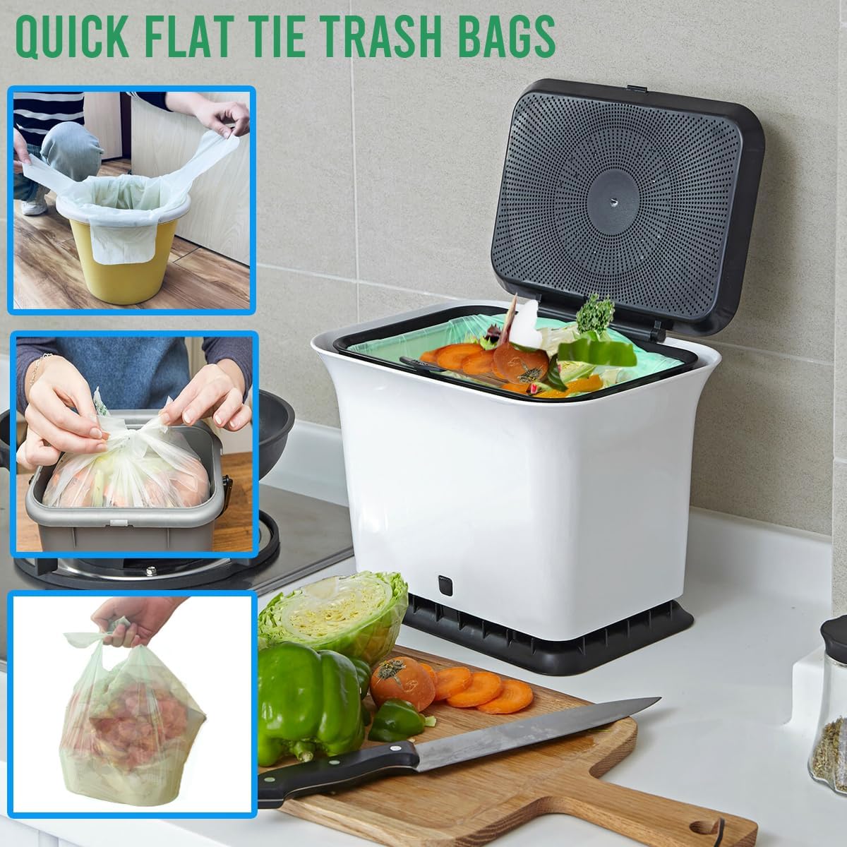 1-2 Gallon Flap Tie Compostable Trash Bags, 300 Count Small Compost Bags, Biodegradable Kitchen Garbage Bags, Food Scrap Waste Bags for Countertop Bin, ASTM D6400, US BPI Certified