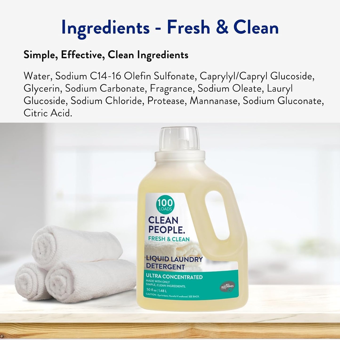 The Clean People Liquid Laundry Detergent - Recyclable Packaging, Stain Fighting - Ultra Concentrated, Laundry Soap - Fresh Scent, 50 fl oz