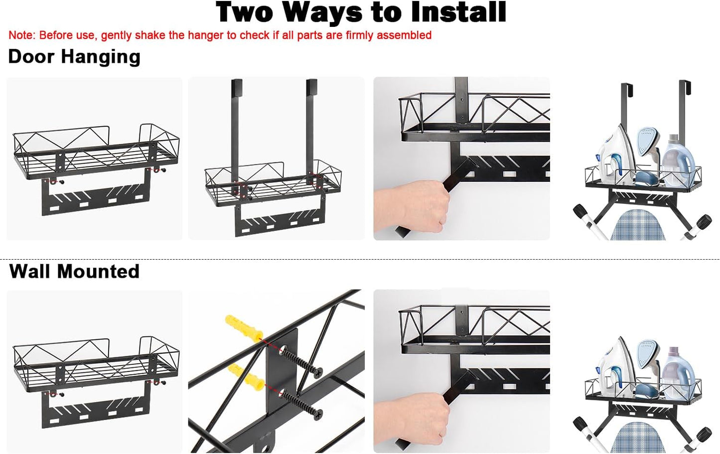 Ironing Board Hanger, Metal Over The Door or Wall Mounted Ironing Board Caddy, Ironing Board Storage Shelf with Adjustable Hooks for Laundry Room, Living Room, Bathroom (Matte Black)