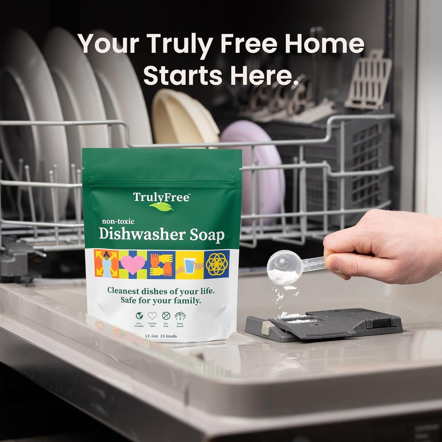 Truly Free Dishwasher Detergent Powder | Natural Dish Detergent, Dishwasher Soap | Plastic Free, Plant-Based, Clean, Heavy Duty Hard Water Stain & Grease Remover | Fragrance Free | 12.5 oz (Pack of 3)