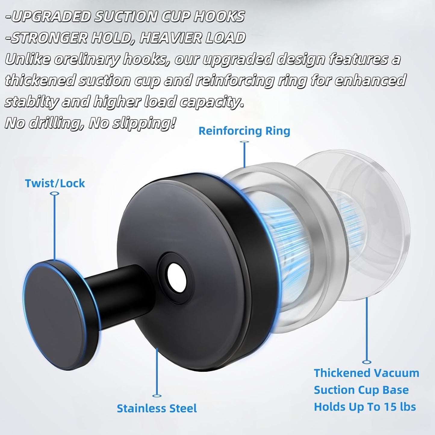 2025 Upgraded Stainless Steel Heavy Duty Suction Cup Hooks For Shower Bathroom Accessories Removable Hook For Glass Window Door Wall Hooks For Hanging Towels Robes Wreaths (Pack Of 2, Black)