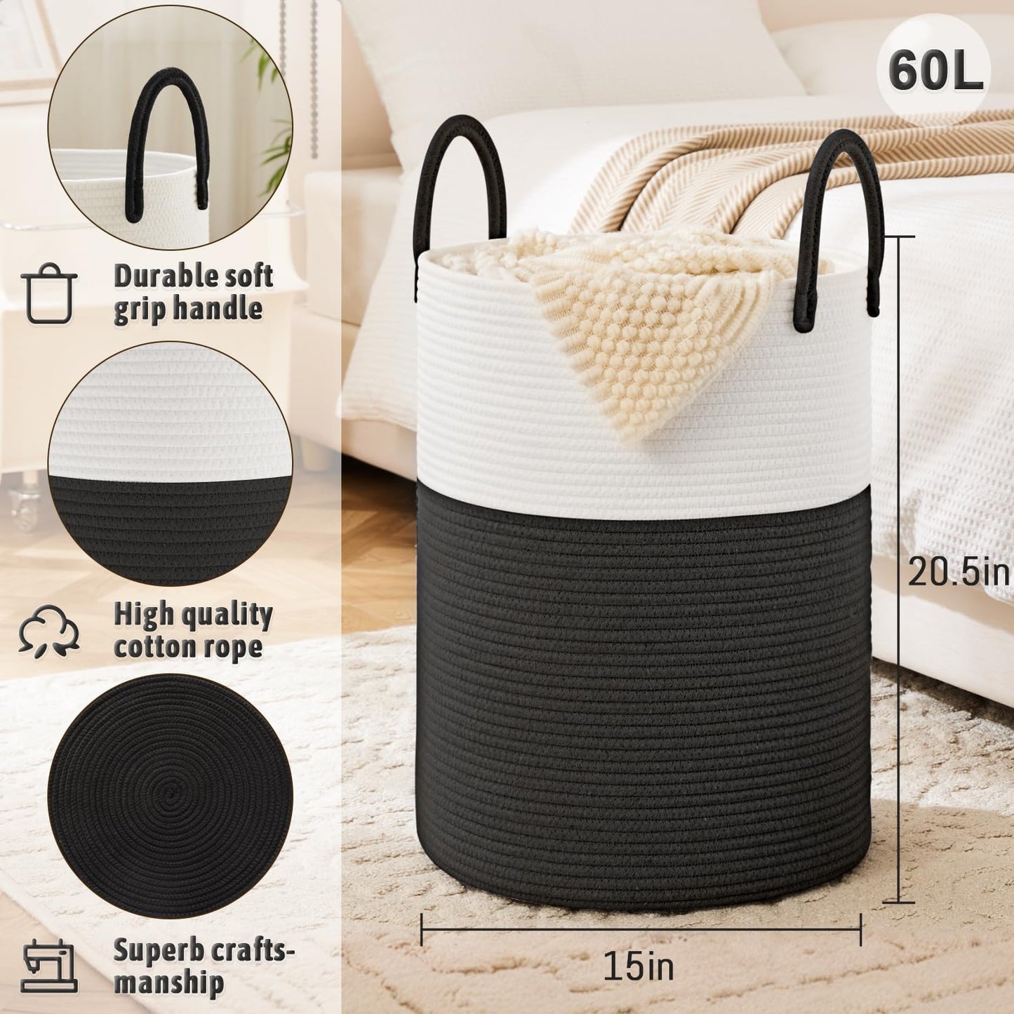 Laundry Basket,Woven Cotton Rope Laundry Hamper,60L for Decorative Storage of Dirty Clothes,Toys and Blankets in Bathroom,Baby Room and Living Room