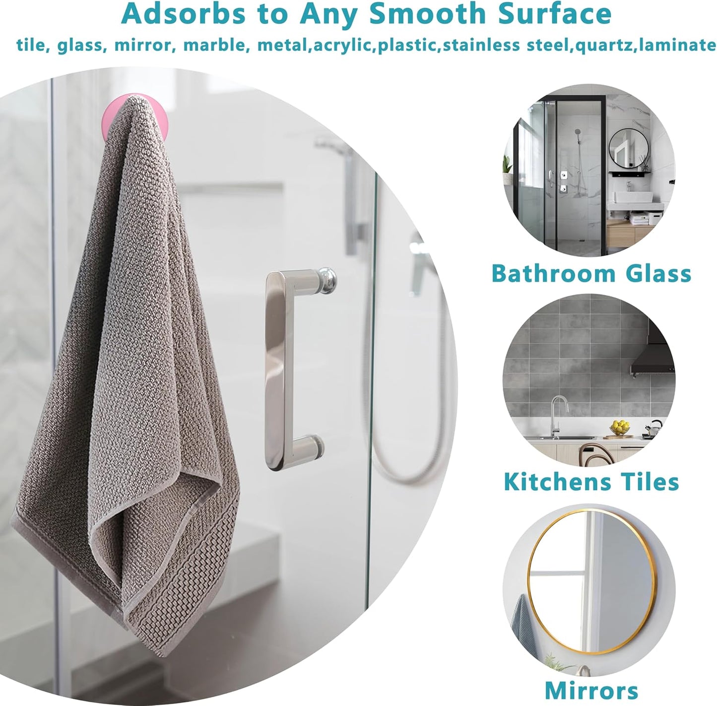 Suction Cup Hooks for Shower,Removable No Drill Towel Hooks,Upgraded 15 lbs Strong Suction hooks for Bathroom Tile,Shower Wall,Glass Door,Kitchen-Loofah,Coat,Stainless Waterproof-Pink 4 Pcs