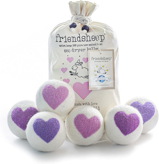 Friendsheep Organic Wool Dryer Balls Pink Purple Hearts 6 Pack XL Premium Reusable Cruelty Free Handmade Fair Trade No Lint Fabric Softener - Lovely Day