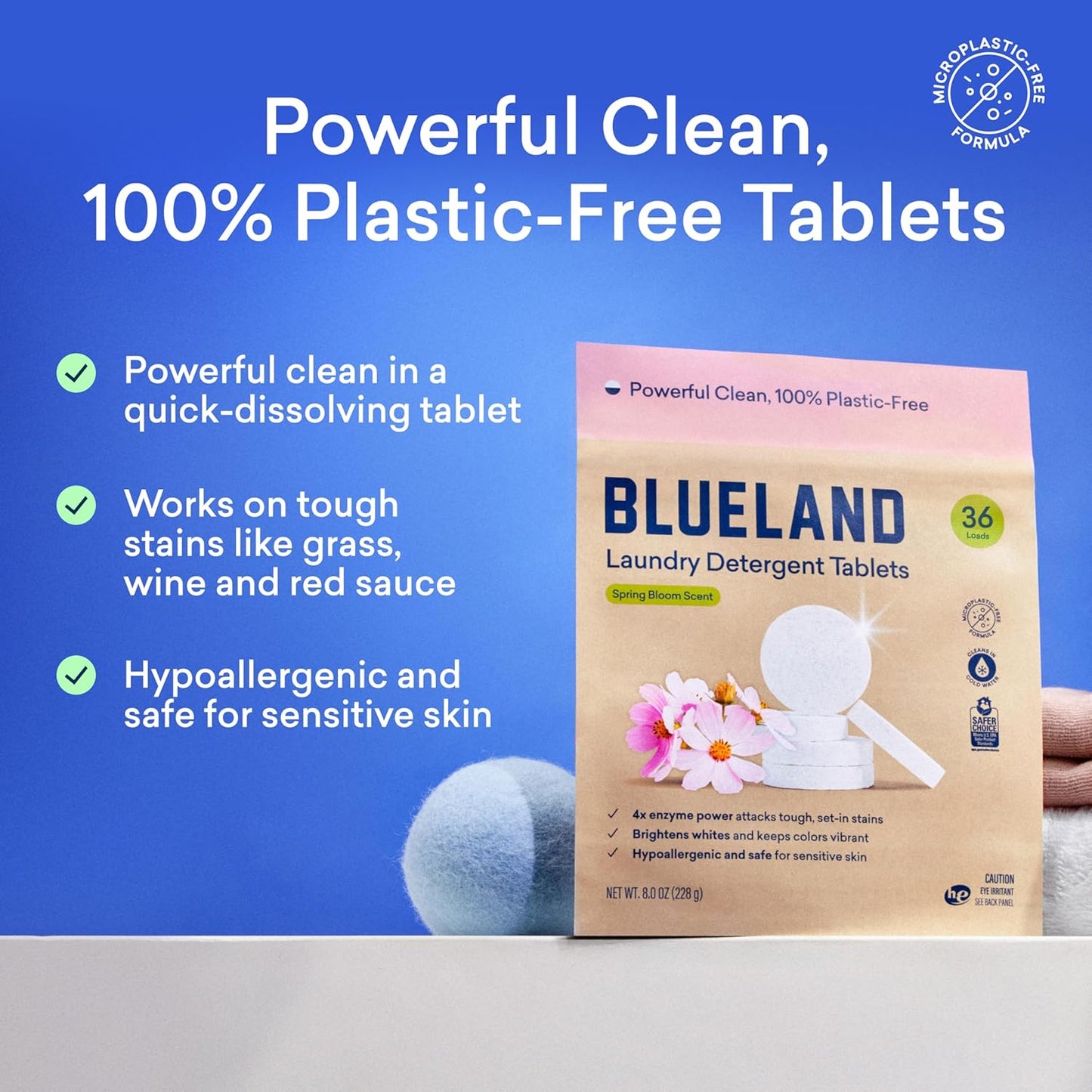 BLUELAND Laundry Detergent Tablets, 36 Count, Spring Bloom Scent, Plastic-Free Eco-Friendly Pods, Sheets, Liquid Alternative - Safe for Sensitive Skin, Gentle