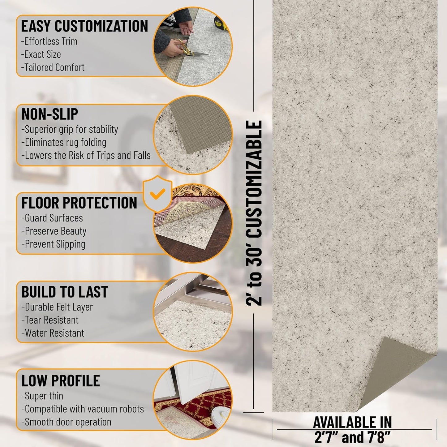 Ottomanson 2'7" x 8' Non-Slip Rug Pad Gripper 1/12 Inch Ultra Thin Dual Surface Felt + Rubber Gripper - Safe for All Floors, Cream