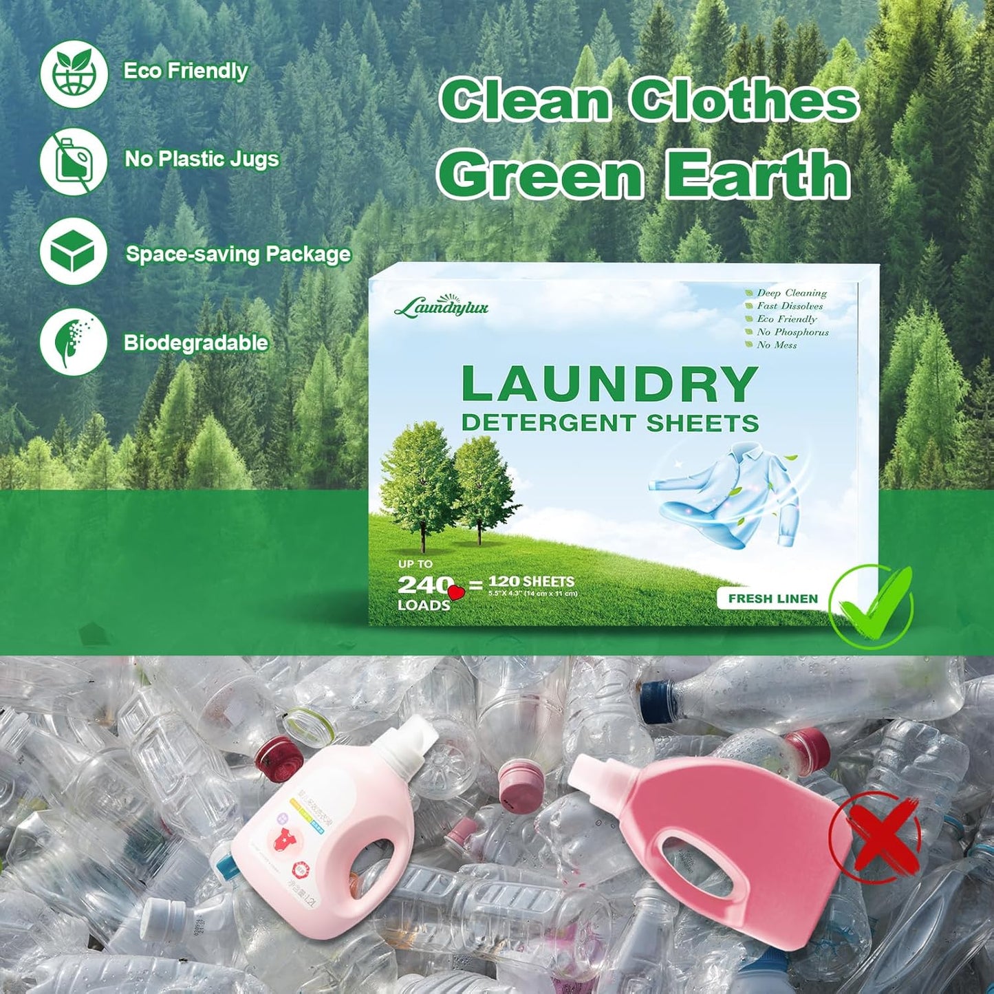 Laundry Detergent Sheet, Eco-Friendly & Hypoallergenic Wash Strips, Natural Ingredients, Ultra-Concentrated, Travel-Ready, No Plastic Jug- Fresh Scent, (240 Loads) 120 Sheets