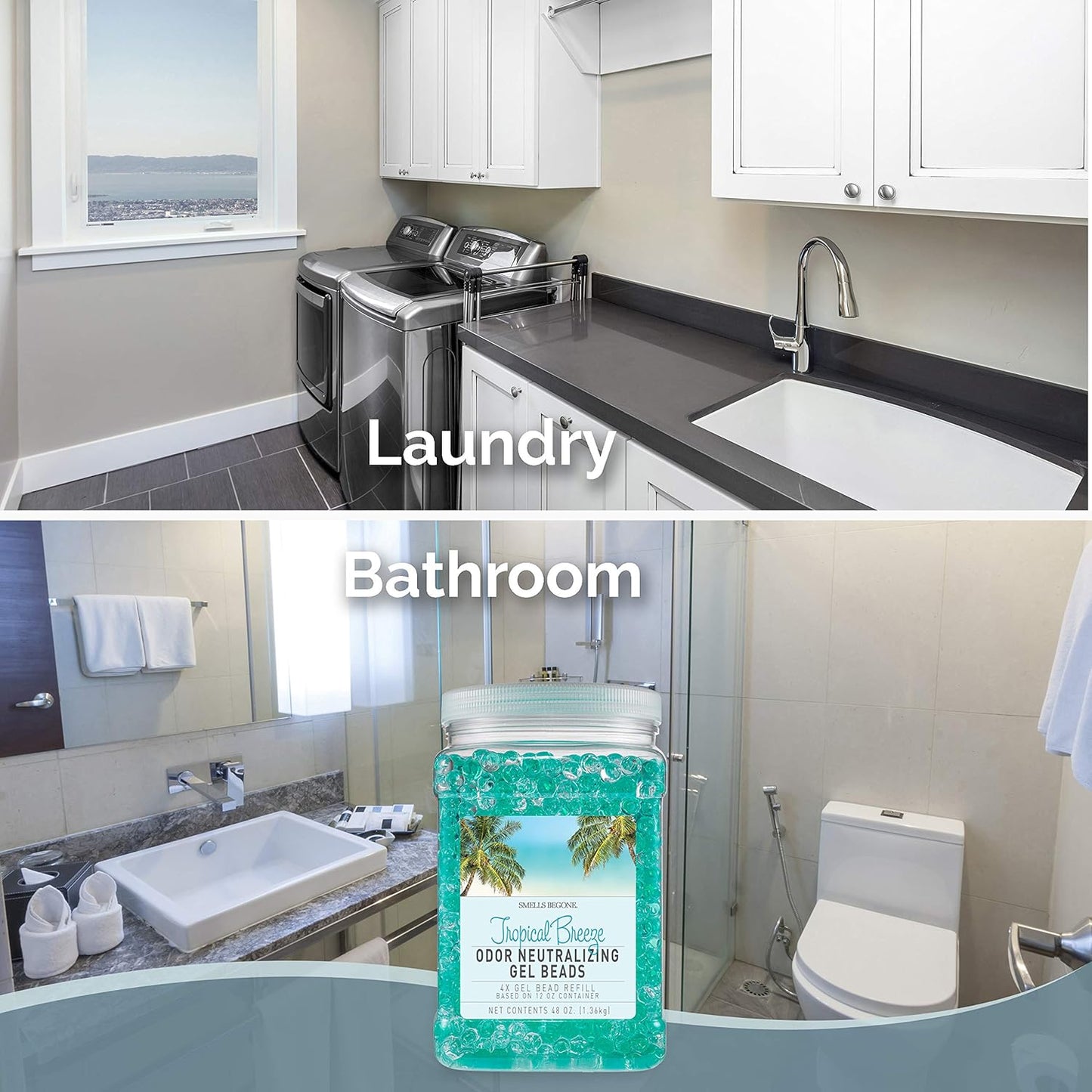 SMELLS BEGONE 48 oz Odor Eliminator Gel Bead Refill - Eliminates Odors in Bathrooms, Cars, Boats, RVs & Pet Areas - Air Freshener - Made with Essential Oils - Tropical Breeze Scent