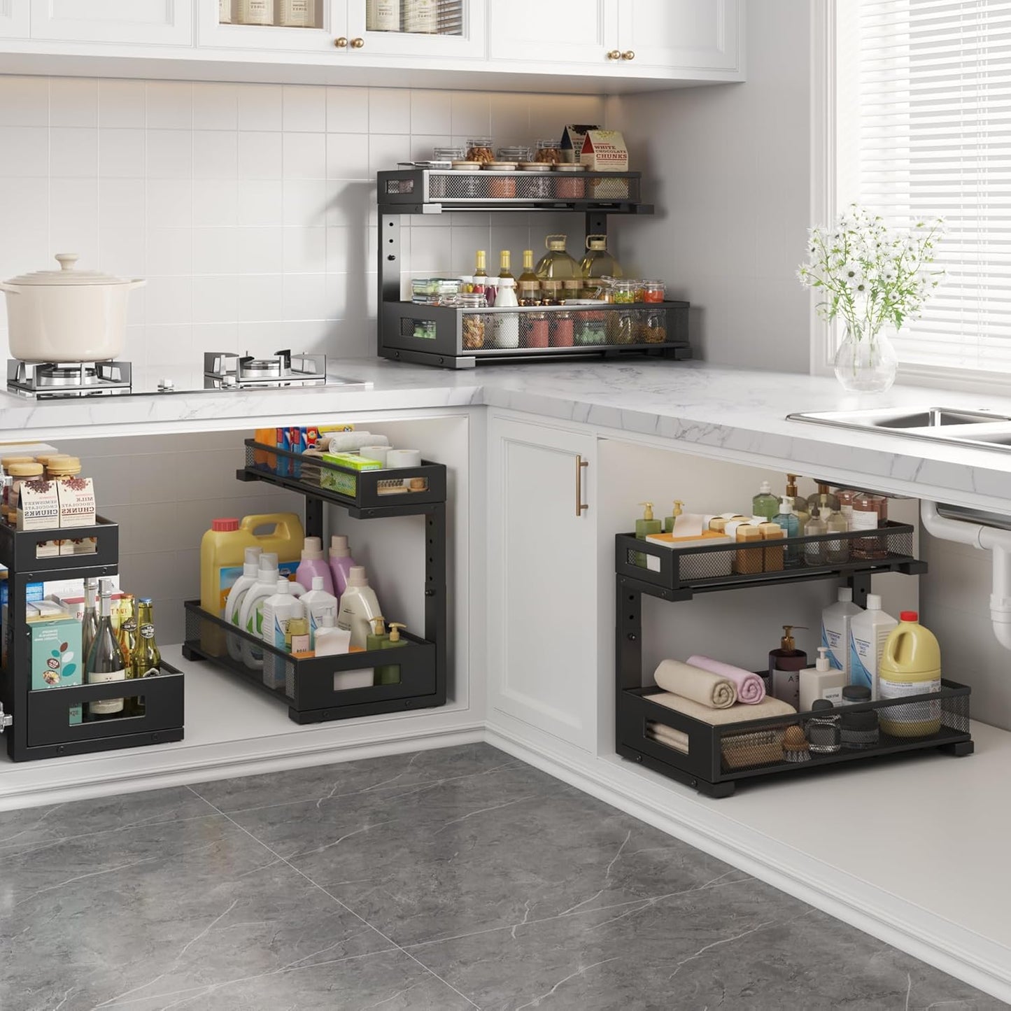 1 Pack 17IN Depth Under Sink Storage Organizer, Large 2-Tier Elegant Mesh Pull Out Shelf for Kitchen and Bathroom Cabinet Organization, L-Shaped and Adjustable Height Design-Black