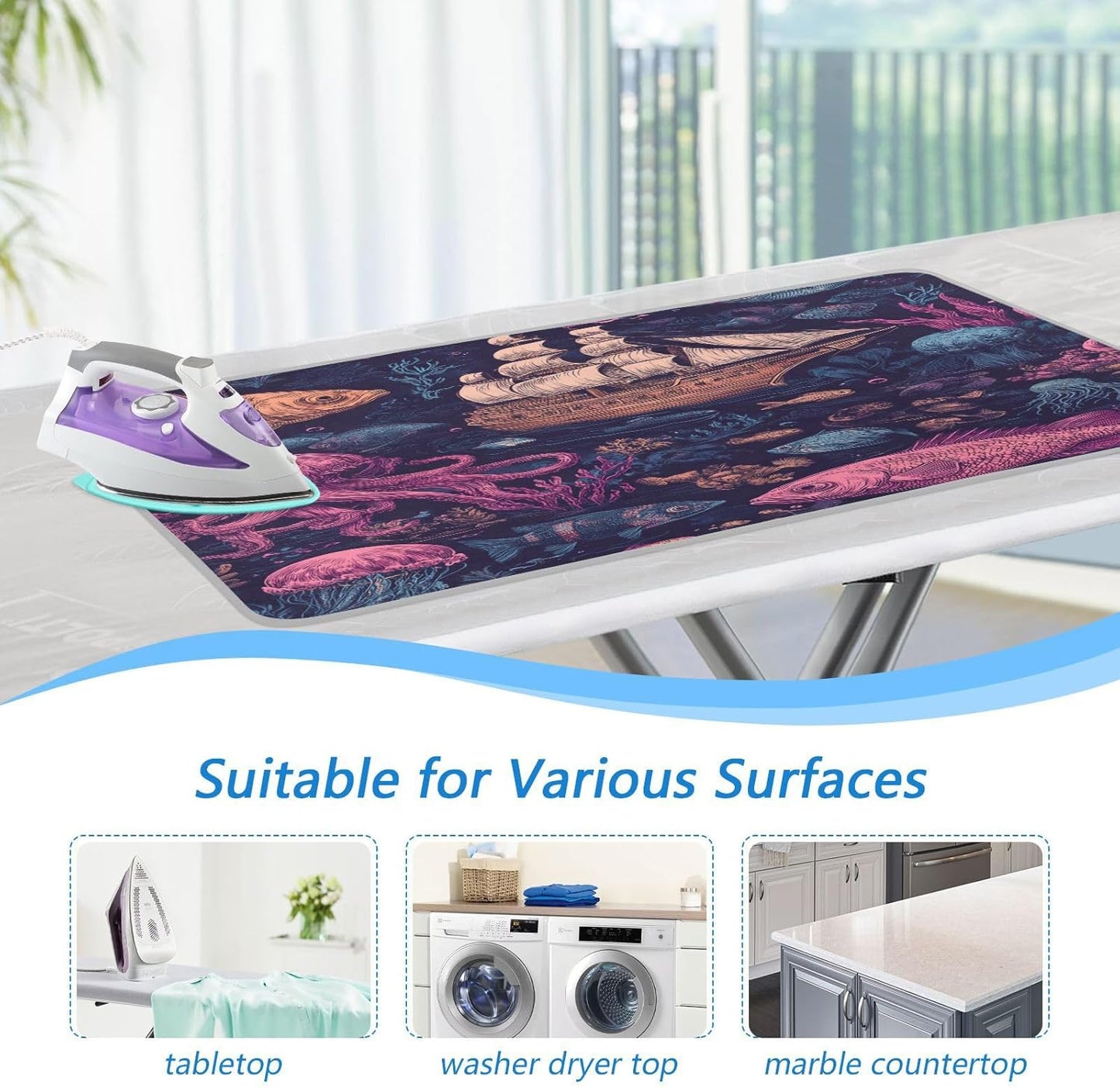 Red Blue Pirate Ship and Fish Ironing Mat Thickened Ironing Blanket Travel Portable Double-Side Using Ironing Pad Travel Isolate Heat Pad Cover for Washer Dryer Table Top Countertop 27.6x47.2in