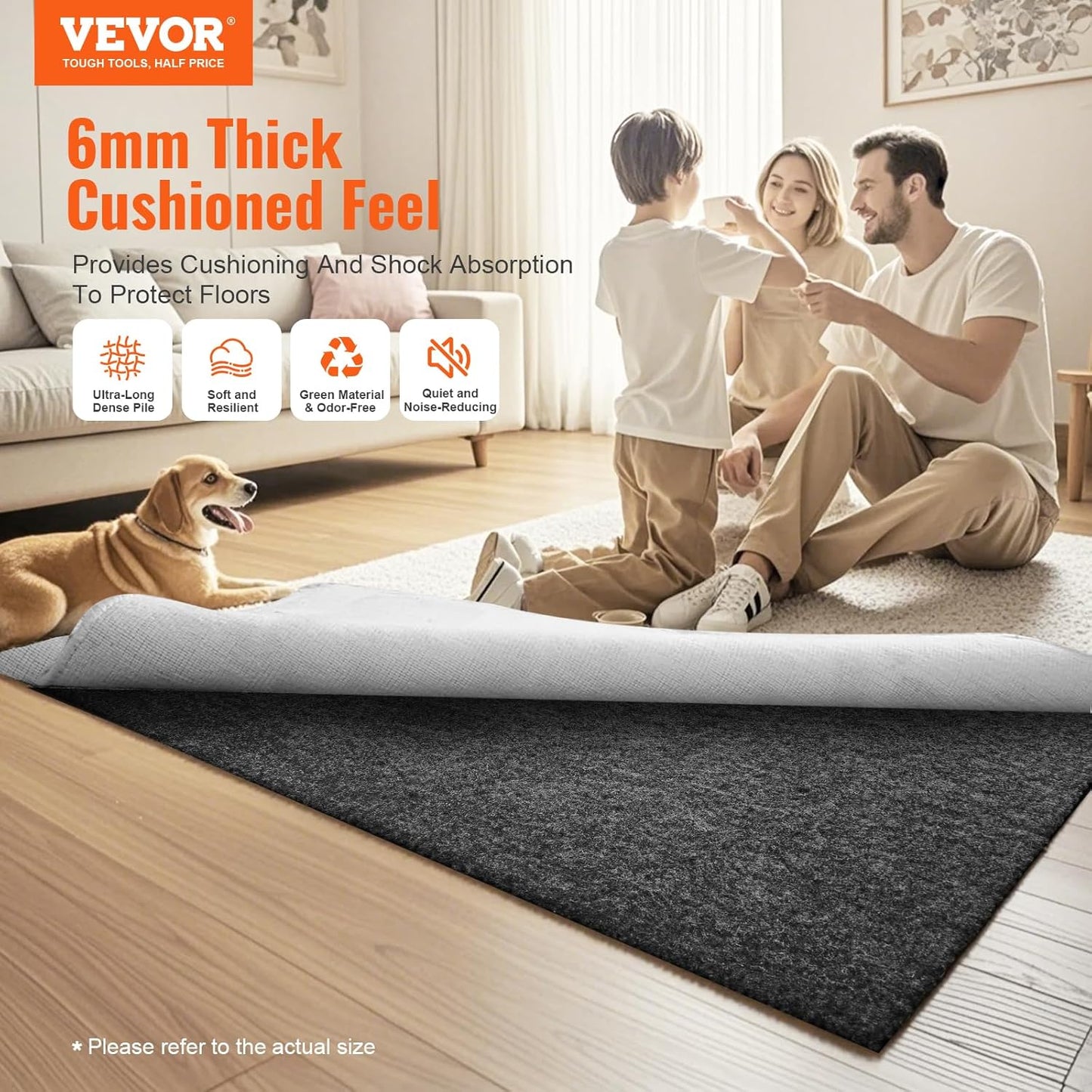 VEVOR - Slip-Resistant Rug Pad - Protective Cushioning Carpet Pad - 8' x 10' - 1/4" Thick - Dual Surface - Polyester Felt + Latex - Gray - 7-8㎡ Area Carpet Padding Rug Cushion Safe for All Floors