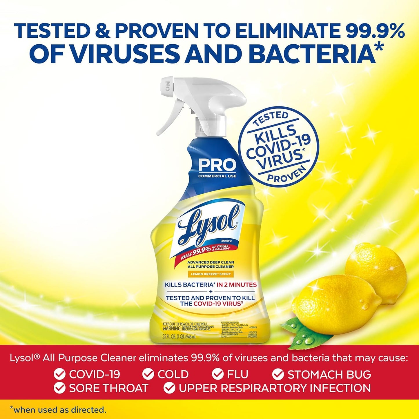 Lysol Pro All-Purpose Cleaner, Advanced Deep Cleaning Sanitizing and Disinfecting Spray, For Commercial Use, Use to Clean and Deodorize, Lemon Breeze Scent, 32oz (Pack of 12)