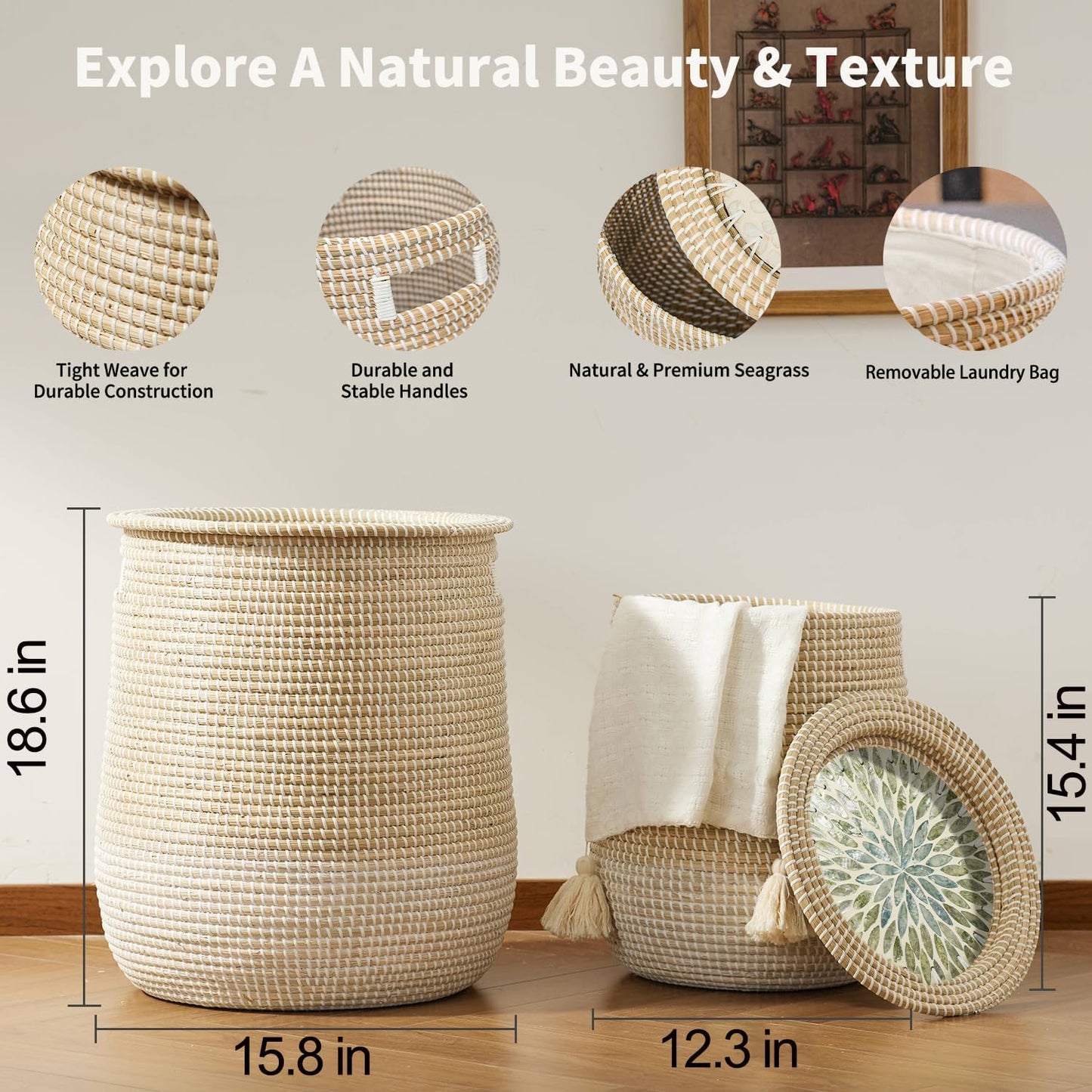Round Seagrass Laundry Hamper with Lid, 2-Piece Set - Eco-Friendly Storage Basket for Clothes, Toys, and More - Natural Woven Design for Home, Bedroom, Bathroom