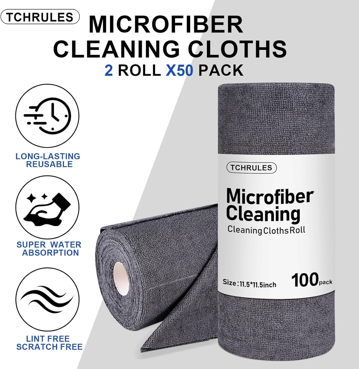 Microfiber Cleaning Cloths Roll, 100-Pack 11.5x11.5 Inch, Tear Away Microfiber Towels, Reusable Microfiber Towels for Cars, Wash Cloths, House, Kitchen, Window, Cleaning Supplies (Grey-100pcs)