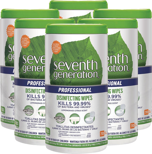 Seventh Generation Professional Disinfecting Multi Surface Wipes, Lemongrass Citrus, 70 count Tubs (Pack of 6)