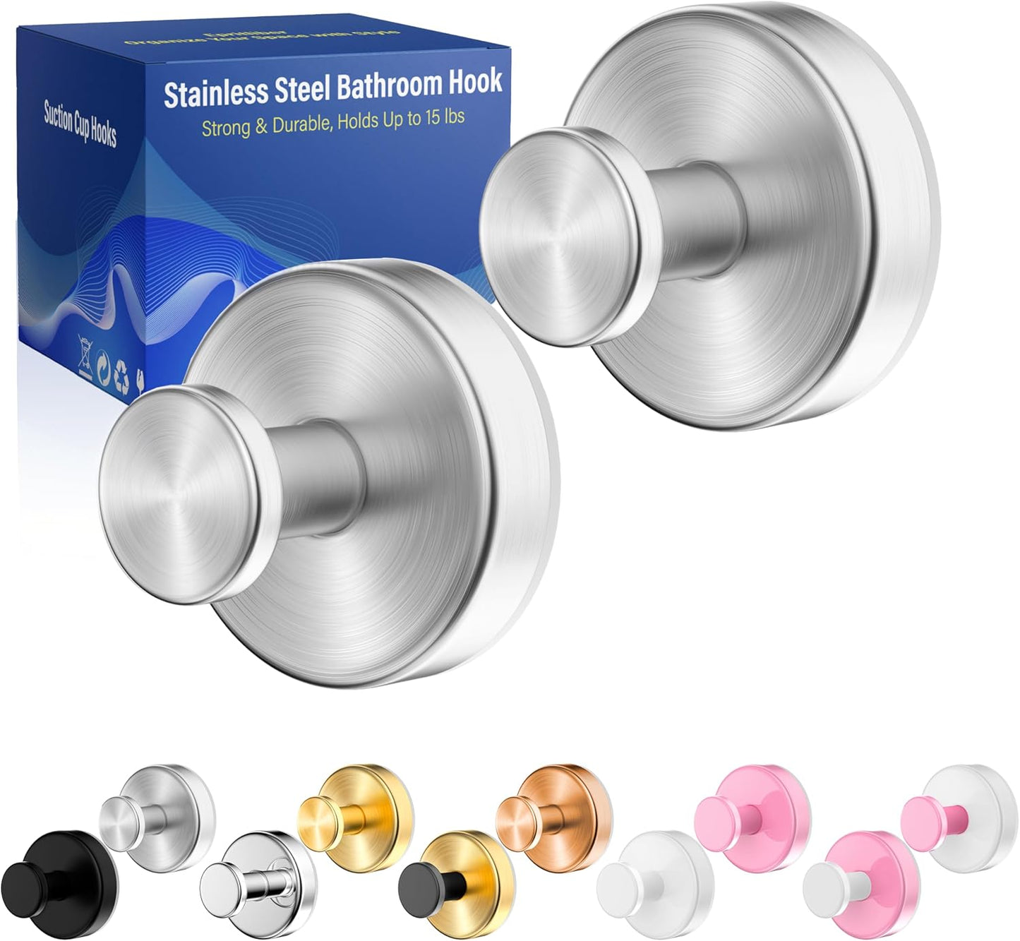 Suction Cup Hooks for Shower,Removable No Drill Towel Hooks,Upgraded 15 lbs Strong Suction hooks for Bathroom Tile,Shower Wall,Glass Door,Kitchen-Loofah,Coat,Stainless Waterproof-Silver 2 Pcs