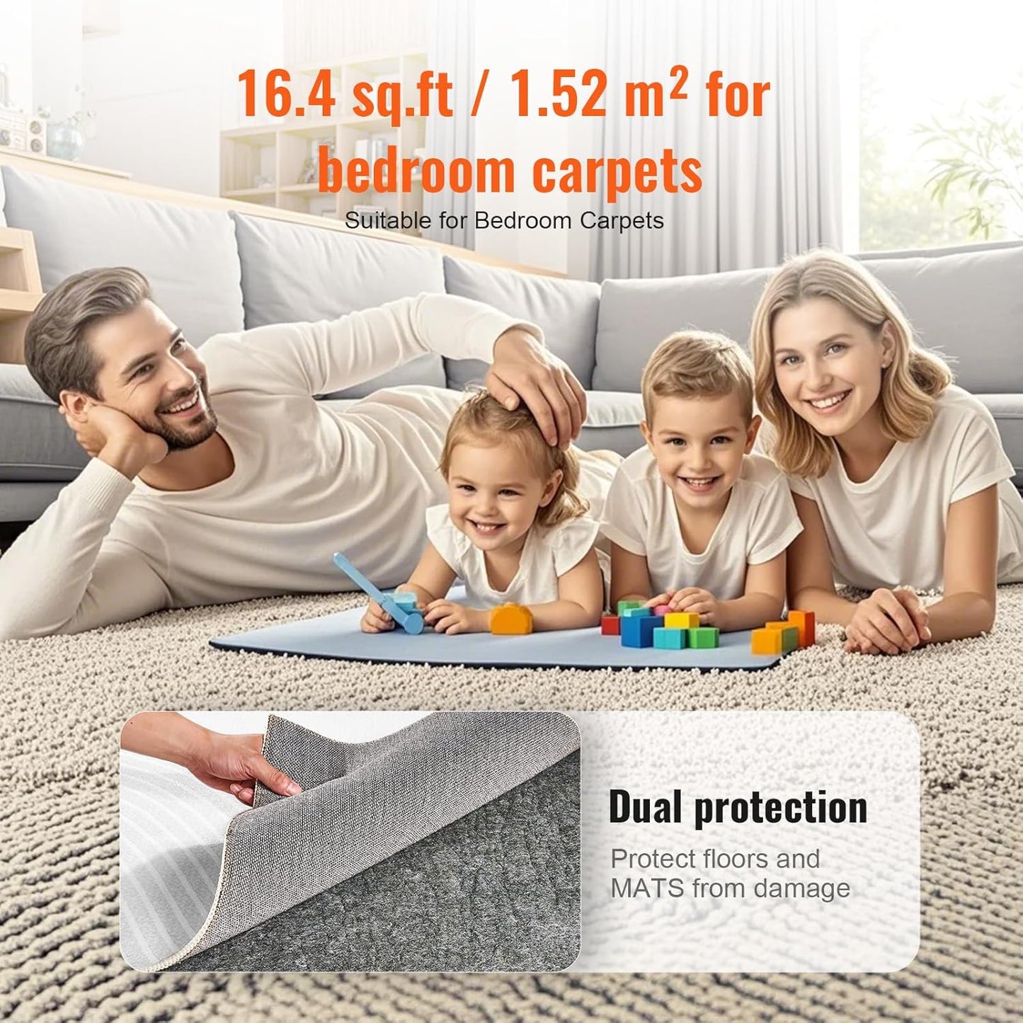 VEVOR - Slip-Resistant Rug Pad - Protective Cushioning Carpet Pad - 8' x 10' - 1/4" Thick - Dual Surface - Polyester Felt + Latex - Gray - 7-8㎡ Area Carpet Padding Rug Cushion Safe for All Floors