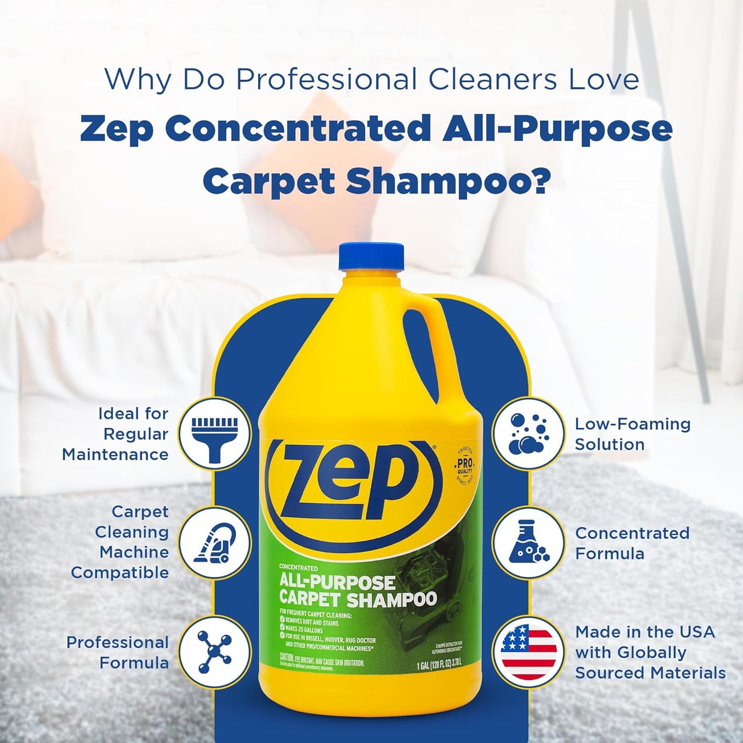 Zep All-Purpose Carpet Shampoo Concentrate Cleaner - 1 Gallon (Case of 2) ZUCEC128 - Professional Formula Removes Dirt and Stains