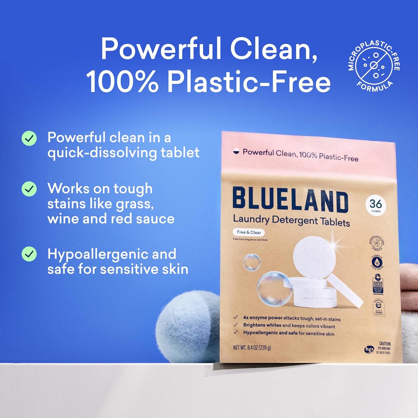 BLUELAND Laundry Detergent Tablets, 120 Count, Plastic-Free Eco-Friendly Pods, Sheets, Liquid Alternative - Fragrance Free and Clear, Natural, Gentle