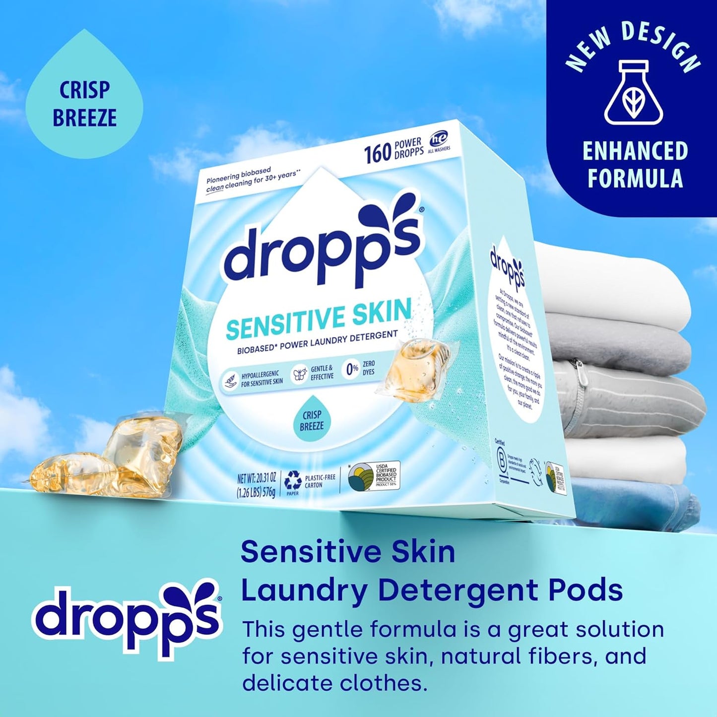 Dropps Sensitive Skin Laundry Detergent Pods, Crisp Breeze (160 Count) - Dermatologist Tested Laundry Pods - HE Compatible Laundry Supplies for Clean Clothes, Vegan & Dye-Free