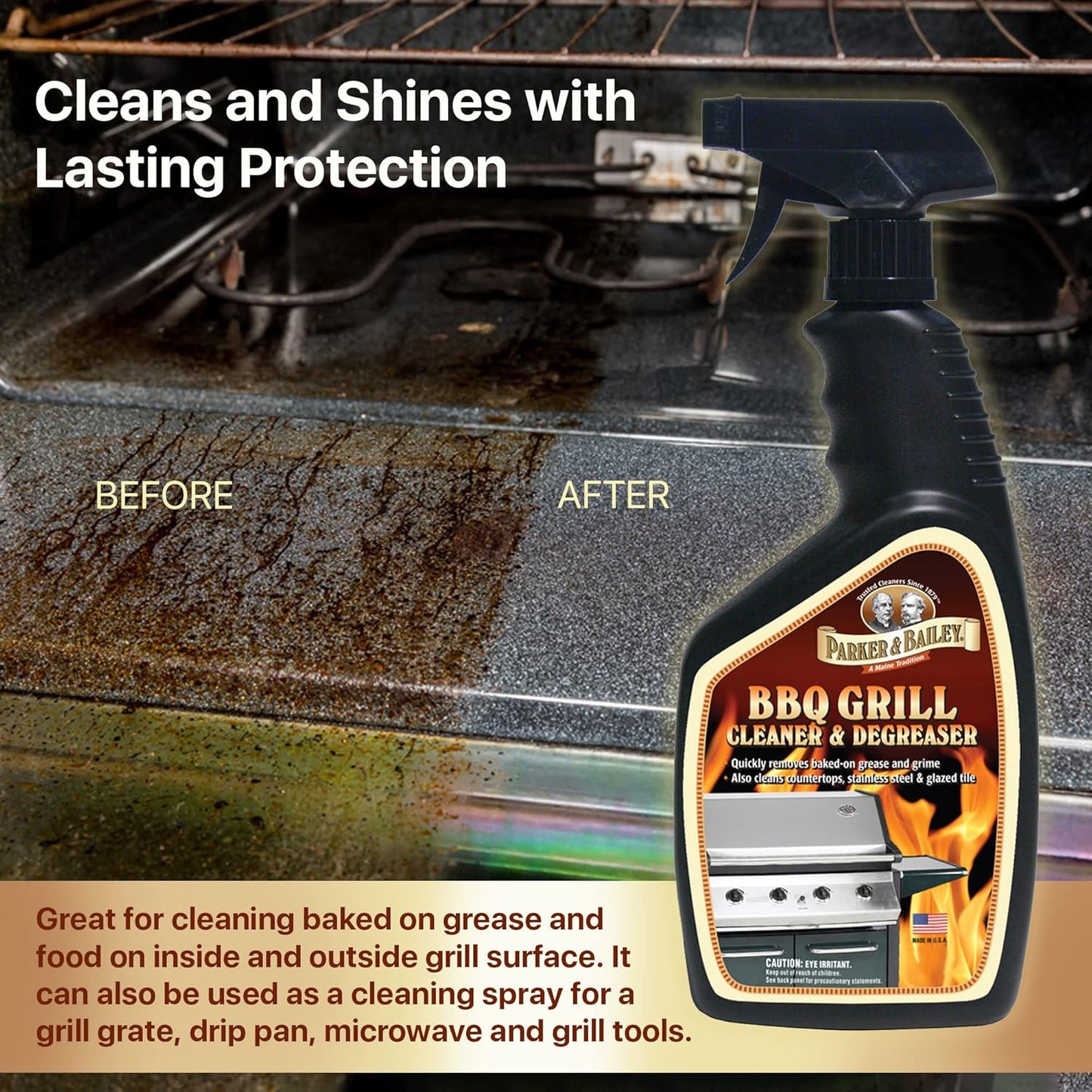 Parker & Bailey Grill Cleaner and Degreaser - BBQ Grill Cleaner Degreaser Cleaner Heavy Duty Countertop Cleaner Stainless Steel Cleaner Glazed Tile Cleaner Cleaning Supplies for Grease and Grime