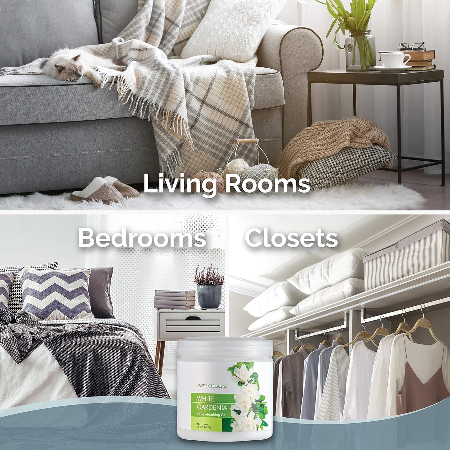 SMELLS BEGONE Air Freshener Odor Absorber Gel - 15 oz, Pack of 2 - Absorbs and Eliminates Odor in Pet Areas, Bathrooms, Cars, & Boats - Made with Essential Oils - White Gardenia Scent