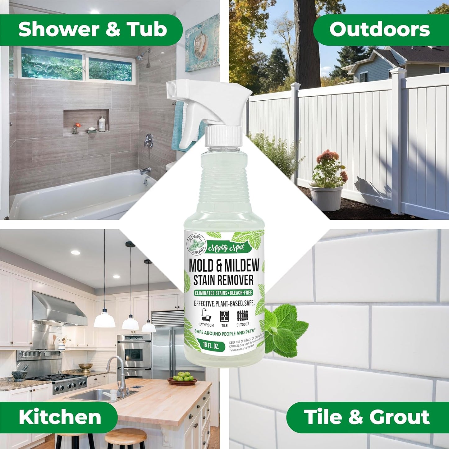 Mighty Mint Mold & Mildew Stain Remover Spray, Rapid Clean for Bathroom, Kitchen, Hard Water, Outdoors, Natural Peppermint Scent, 16oz