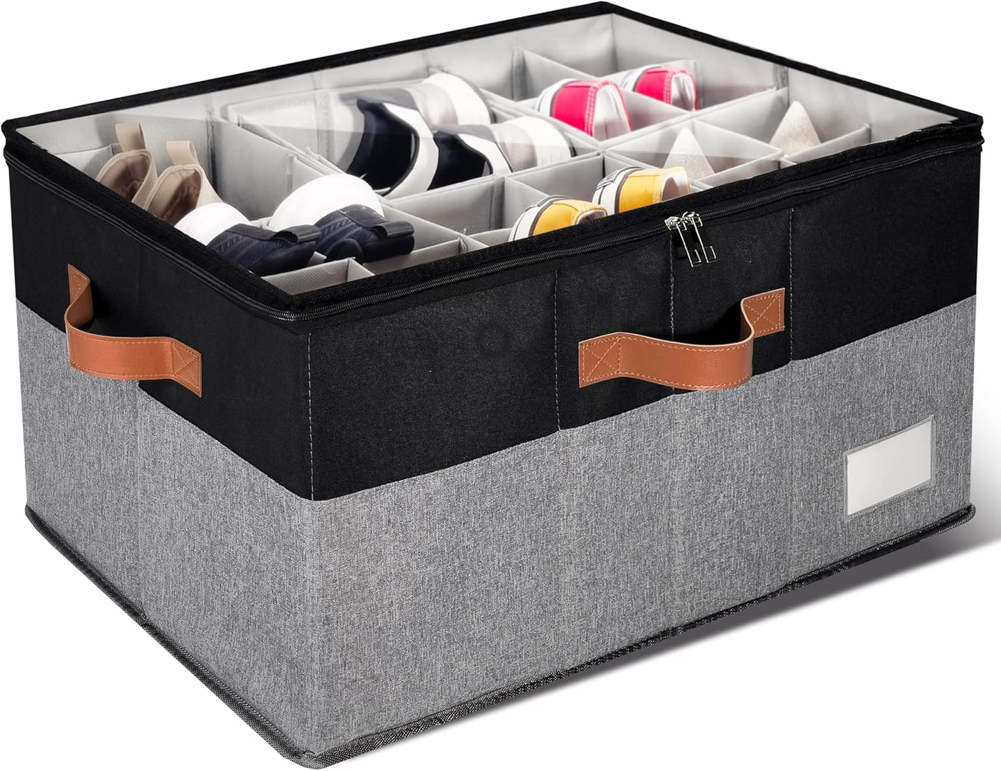 1 Pack Shoe Organizer for Closet, Adjustable Shoe Box Storage Containers, Large Foldable Shoe Bins with Clear Cover, Space Saving Shoes Holder with 4 Handles, Fits 12-24 Pairs, Black