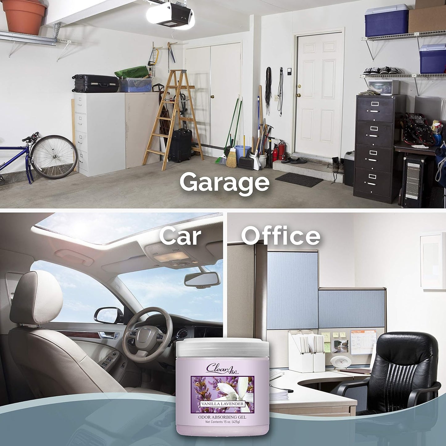 Clear Air Odor Absorber Gel - 15 oz, Pack of 2 - Air Freshener Absorbs and Eliminates Odors in Bathrooms, Cars, Boats, RVs and Pet Areas - Made with Essential Oils - Lavender Vanilla Scent