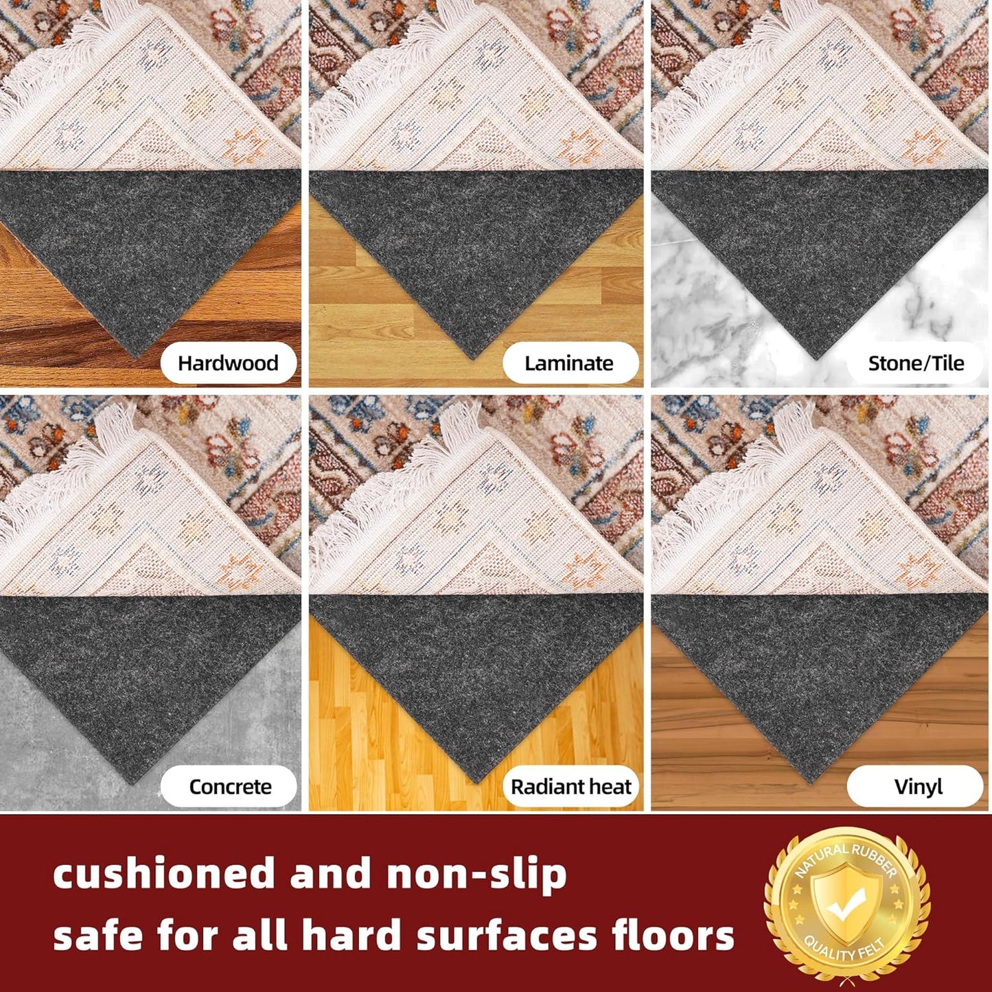BAGAIL Felt and Natural Rubber Backing Rug Pads 1/8” Thick, 8 x 11 Ft Non Slip Rug Gripper Keep Rugs in Place, Under Area Rug Protective Cushioned Pads, Carpet Runners, Hardwood Floors Protection