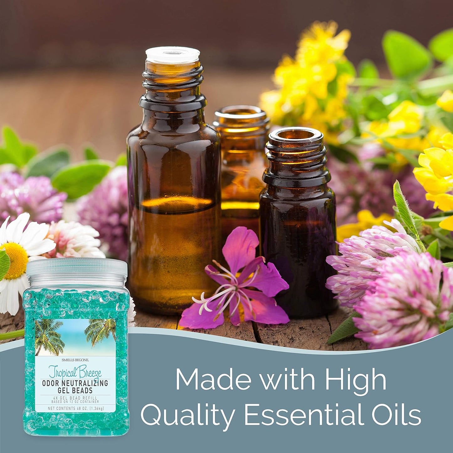 SMELLS BEGONE 48 oz Odor Eliminator Gel Bead Refill - Eliminates Odors in Bathrooms, Cars, Boats, RVs & Pet Areas - Air Freshener - Made with Essential Oils - Tropical Breeze Scent