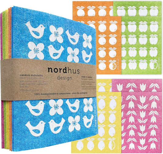 Nordhus Design Swedish Dishcloths,10 Cloths, Made in Sweden - Reusable, Washable Cellulose Cotton Kitchen Cloths - Replace Paper Towels, Wipes, Sponges, Dish Rags